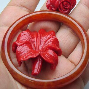 "Natural Jade bangle +   REE manmade Coral carved figurine 50mm "